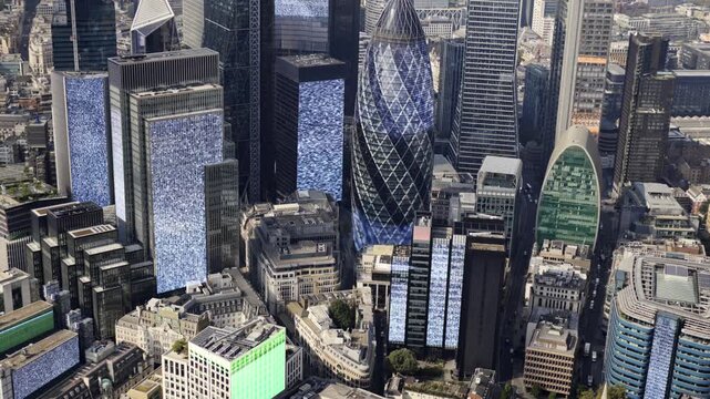 london city financial skyline from a helicopter with glitch on the buildings