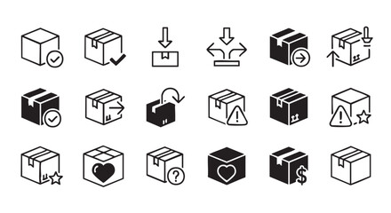 Collection of various package and delivery icons symbolizing logistics and service