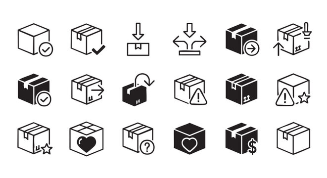 Collection of various package and delivery icons symbolizing logistics and service
