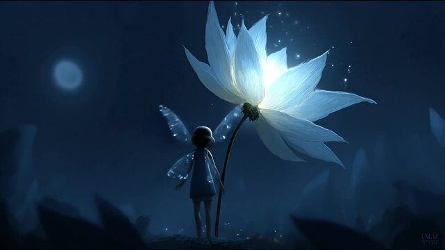 Magical figure touching glowing flower with sparkling light