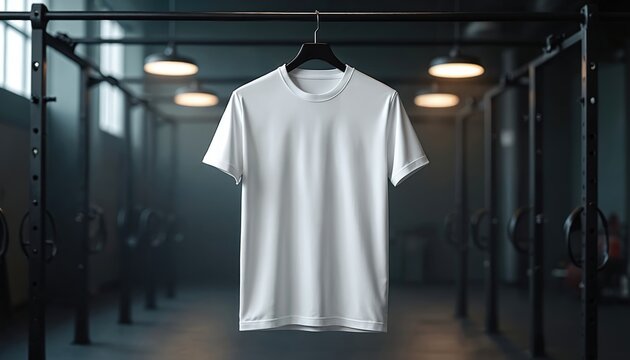 White tshirt hangs in gym studio. Plain tee mock up for brand design. Minimalistic cloth on hanger template in fitness center, sport space for commercial projects.