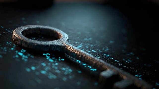 Close-up of an old rusted skeleton key on a dark surface with blue specks.