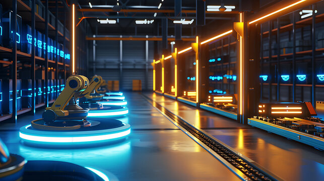 Automation Concept Showing Smart Warehouse With Glowing Data Lines Visual