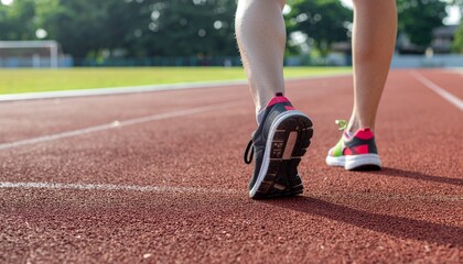 Close up rear view of a person s legs and feet wearing athletic shoes running on a red outdoor track with green grass and trees in the background during daylight