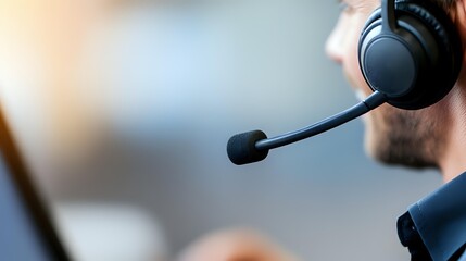 Professional wearing wireless headset with microphone in office environment, focused on customer service communication against blurred background.