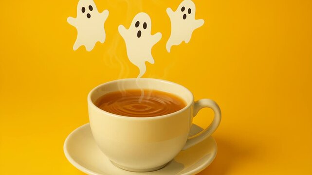 Spooky Halloween Beverage Enjoy Warm Cup of Hot Chocolate with Playful Ghost Decorations for Fun and Festive Atmosphere