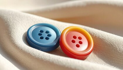 Colorful Sewing Buttons on Cream Fabric with Soft Texture