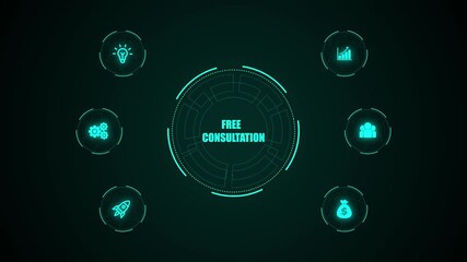 Free Consultation, Hologram Futuristic Interface Concept. Futuristic holographic advanced HUD circle platform Business, Technology concept. Business, technology, internet and network concept. - Powered by Adobe