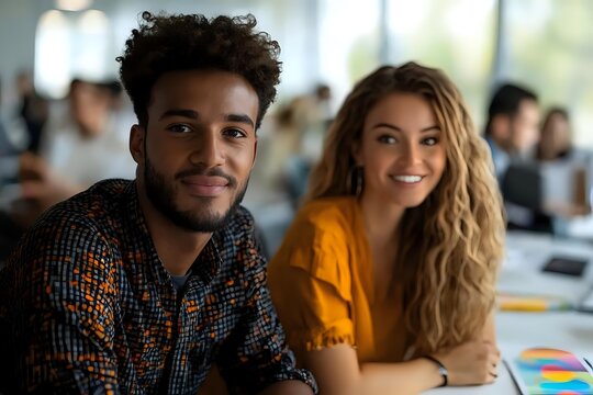 Young diverse coworkers smiling at camera in modern office space, wearing casual attire during collaborative meeting with colorful charts and documents.