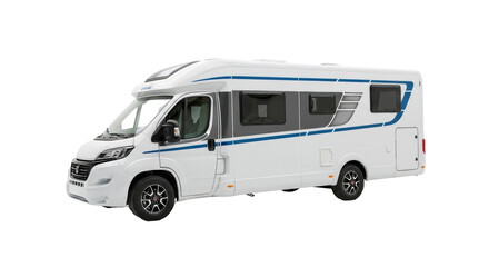 Modern white and light grey recreational vehicle, blue/dark grey stripe decals, over-cab design, tinted windows, on transparent studio background, no shadows, aspirational product concept