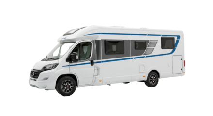 Modern white and light grey recreational vehicle, blue/dark grey stripe decals, over-cab design, tinted windows, on transparent studio background, no shadows, aspirational product concept