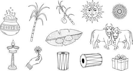 Pongal  Makar Sankranti festival elements outline. Traditional Indian harvest celebration symbols: sun, sugarcane, cows, food, drums, lamp, pot. Doodle vector set.