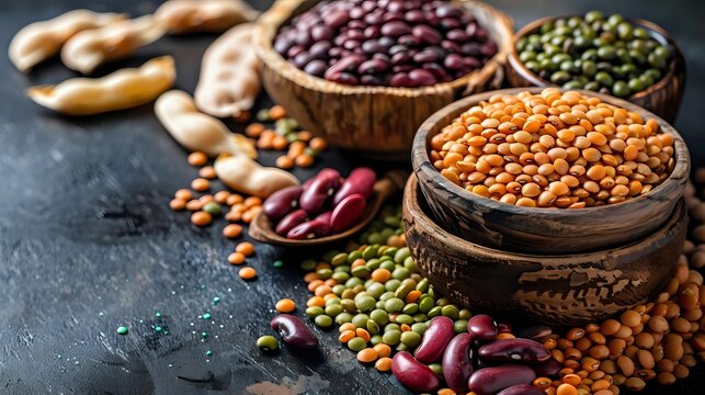 Variety of colorful raw legumes and beans in wooden bowls on dark background. Healthy vegan protein source, cooking ingredients for nutritious meals.