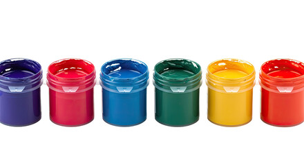 Row of open colorful paint jars in red, yellow, blue, green, and orange isolated on white background, ideal for art projects and creative activities