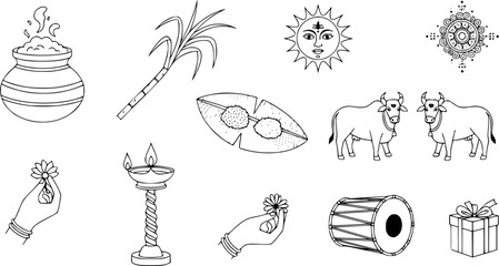 Obraz premium Indian Harvest Festival Line Art Illustration - Pongal, Makar Sankranti, and Sankranthi Traditional Symbols and Icon Set