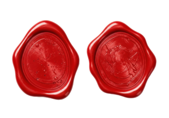 Three glossy vibrant red wax seals with irregular organic shapes and natural imperfections, on a transparent background with copy space, soft studio lighting, top-down view. Concept of vintage