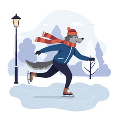 Fototapeta premium A dynamic 2D flat vector illustration shows an athletic wolf gracefully ice skating across a frozen pond in a vibrant, stylized snowy park while wearing a cozy hat and scarf.