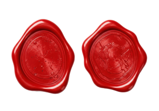 Three glossy vibrant red wax seals with irregular organic shapes and natural imperfections, on a transparent background with copy space, soft studio lighting, top-down view. Concept of vintage