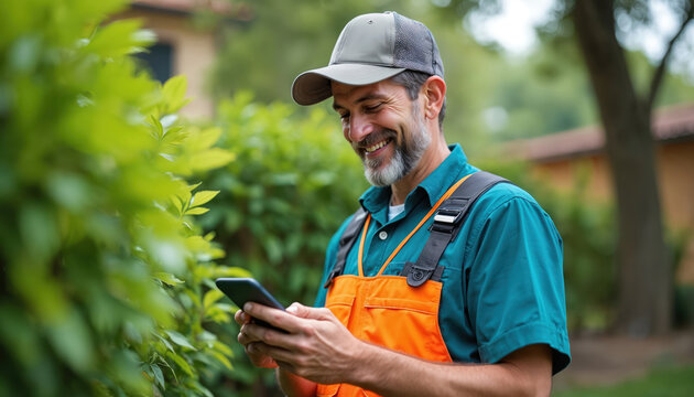 Man in uniform uses smartphone outdoors. Smiling worker checking mobile phone during work. Gardener browsing internet, using apps for job in garden. Landscaper communicates with client using mobile.