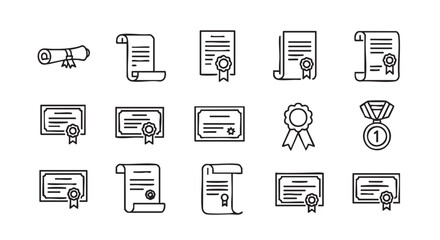 Line art diplomas and certificates icons for graduation and achievement