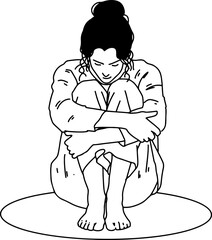 Minimalist line art of a woman hugging her knees while sitting. Concept of self-comfort, introspection, mental health, and loneliness.