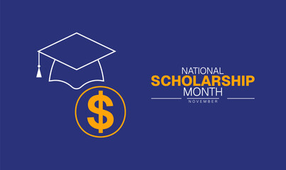 National Scholarship Month Poster Banner and Background Abstract Design Template with Graduation Cap and Diploma Illustration for Education Funding Awareness Academic Success and Student Support