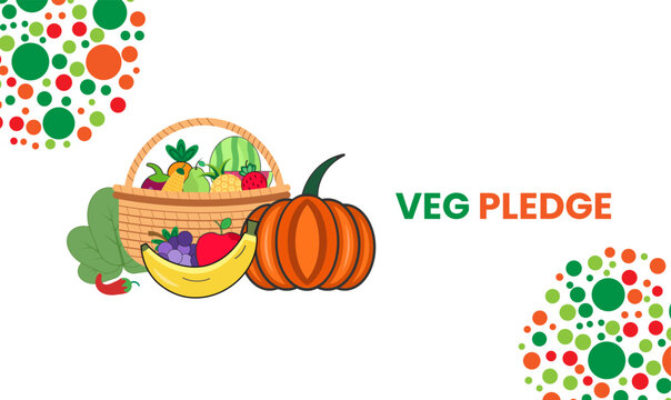 Veg Pledge Poster Banner and Background Abstract Design Template with Fresh Vegetables and Green Leaf Illustration for Healthy Eating Awareness Vegetarian Lifestyle and Nutrition Campaign