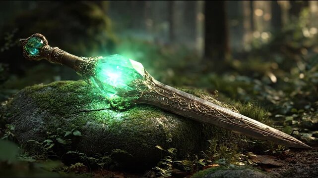 Enchanted sword resting on a moss covered rock with glowing gemstone detail