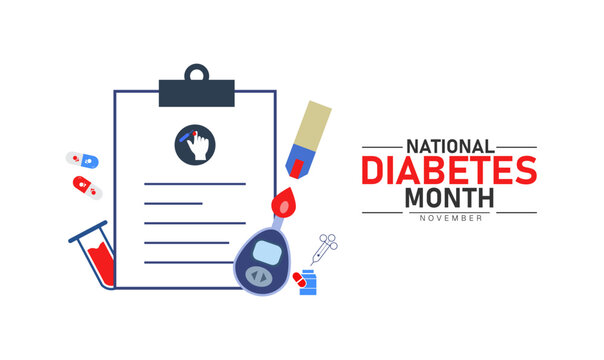 National Diabetes Month Poster Banner and Background Abstract Design Template with Blue Circle and Glucometer Illustration for Health Awareness Medical Prevention and Blood Sugar Education Campaign