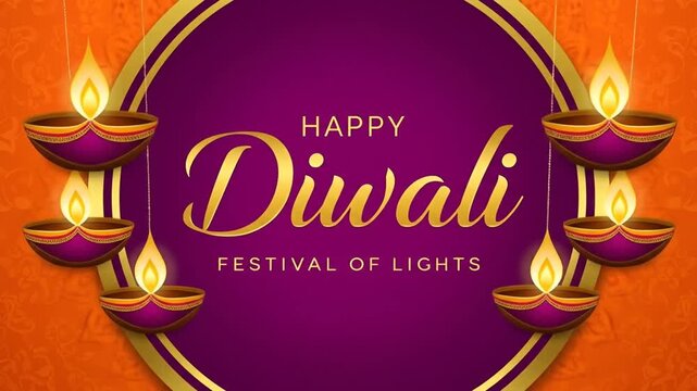 Happy Diwali Festival of Lights Vector Greeting Card with Golden Typography, Diya Oil Lamps, and Orange Mandala Background