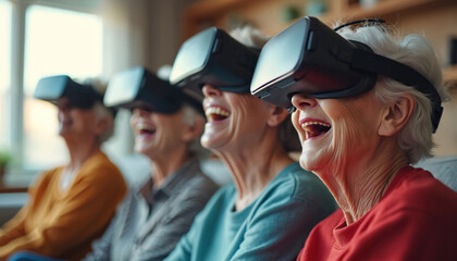 Obraz premium Group of senior people wearing VR headsets fun together. Seniors experience virtual reality, digital games. Elderly friends enjoy tech, leisure, entertainment. Innovation helps aged people with