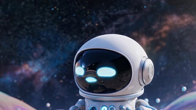 A futuristic robot astronaut stands in a colorful, alien landscape