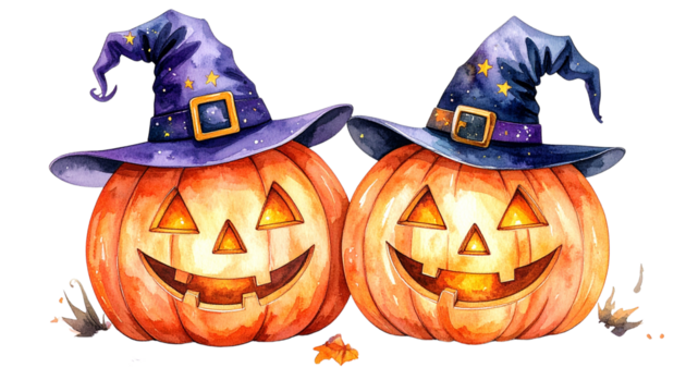 Halloween pumpkin pair with witch hats watercolor illustration isolated on transparent background - Powered by Adobe