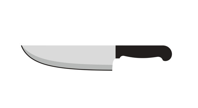 Butcher knife illustration with black handle and shiny silver blade on white background
