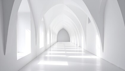 Long White Corridor With Vaulted Ceilings And Sunlight Streaming Through Windows