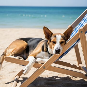 Relaxed Dog Napping on a Beach Chair by the Ocean on a Sunny Day.