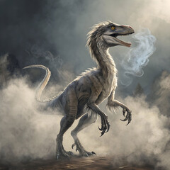 velociraptor dinosaur on smoke background