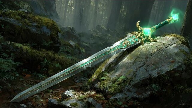Mystical sword resting on stone in forest sunlight with fantasy elements