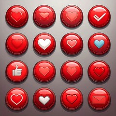Collection of glossy, red round buttons, each with a different heart or social media-related symbol