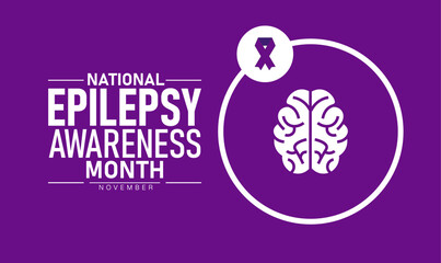 National Epilepsy Awareness Month Poster Banner and Background Abstract Design Template with Purple Ribbon and Brain Illustration for Health Support Education and Seizure Prevention Campaign
