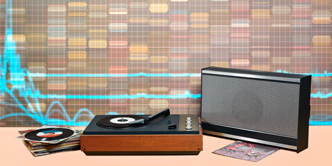 Classic vinyl record player and modern speaker, with stacked records, highlight the evolution of music and sound technology against a dynamic, digital equalizer background.
