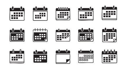 Set of Various Calendar Icons in Black and White Style Illustration