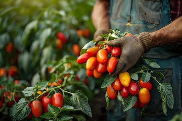 Farmer in work gloves harvesting fresh ripe red and yellow grape tomatoes from organic garden. Close up view of hands picking cherry tomatoes from green vine.
