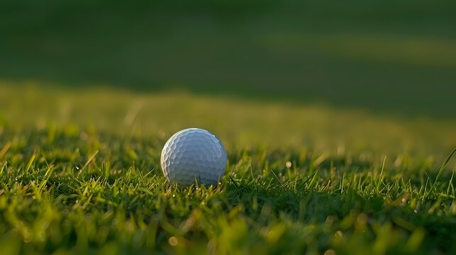 White golf ball resting on lush green grass during golden hour sunlight, creating dramatic shadows and highlighting texture of course turf in warm evening glow.