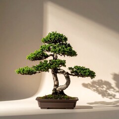A bonsai tree in a minimalist setting, with soft shadows against a neutral/beige background.