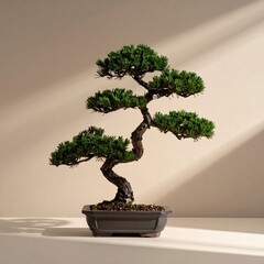 A bonsai tree in a minimalist setting, with soft shadows against a neutral/beige background.
