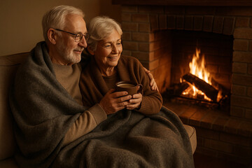 Elderly couple cuddling under a blanket while sitting by the fireplace  