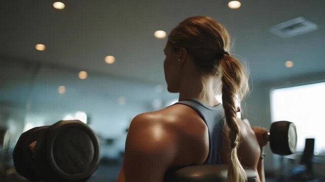 Back view of a person in a gym lifting dumbbells with a braided ponytail.