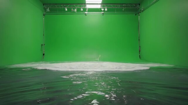 Empty studio with green screen and water on the floor for filming