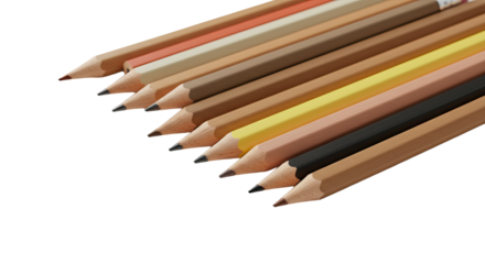 Set of colored pencils arranged in a row on a white background, perfect for art projects and creative designs